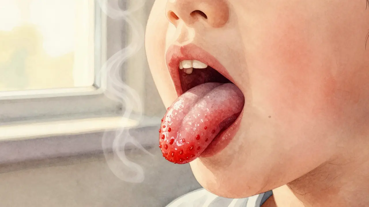 Jahodový jazyk s výrazně zvětšenými červenými papilami, známka uzdravování od spály.