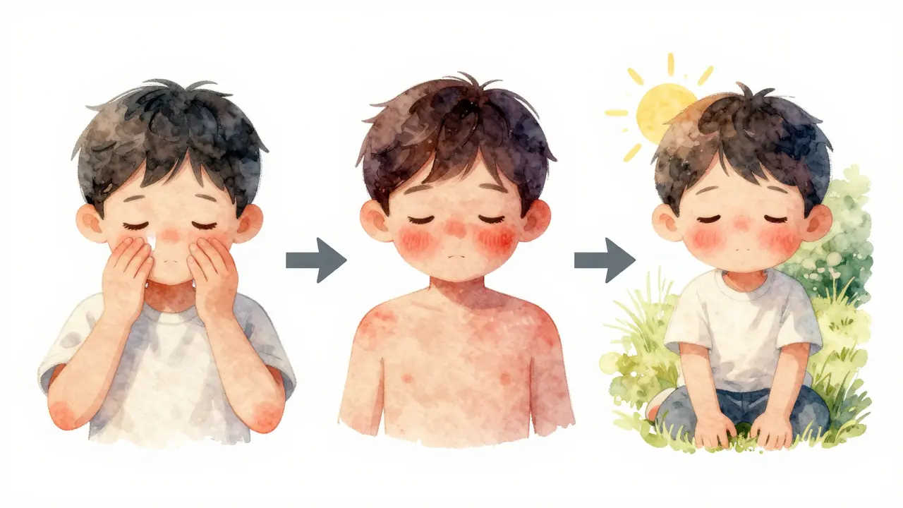 Kruhový přehled tří fází páté nemoci v mírné vodové barvě.