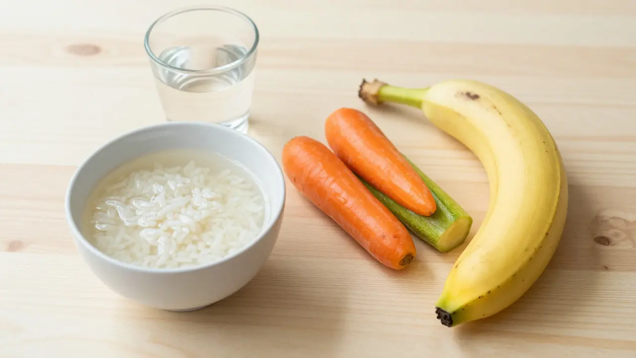 Lehká jídla při horečce: rýžová šťáva, vařená zelenina a banán.