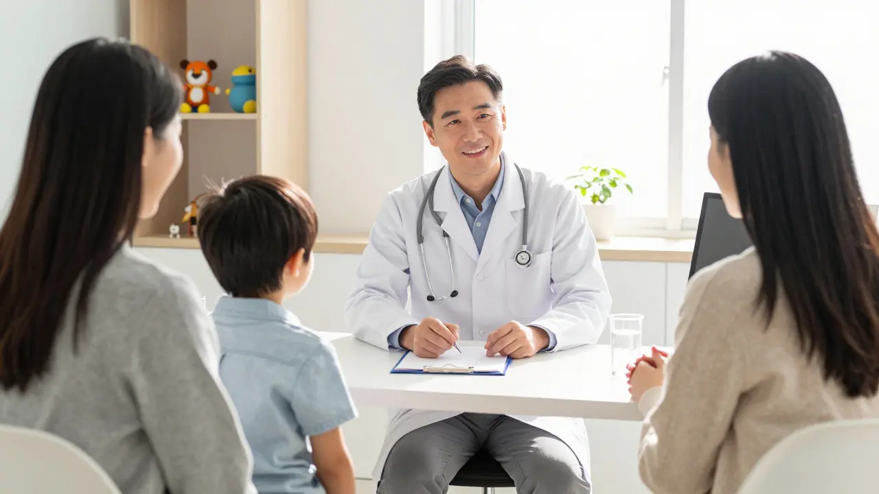 Lékař s dítětem a rodiči během přátelské návštěvy