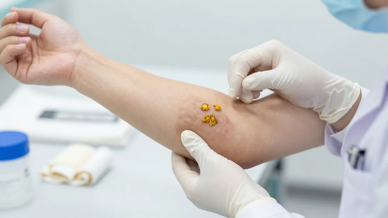 Lékař zkoumá pacienta s typickými příznaky bakteriální infekce na ruce