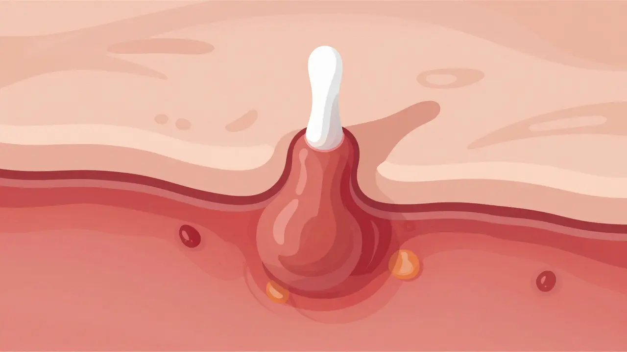 Lékařská ilustrace vařečky s hnisem pod povrchem kůže a žlutou krustou