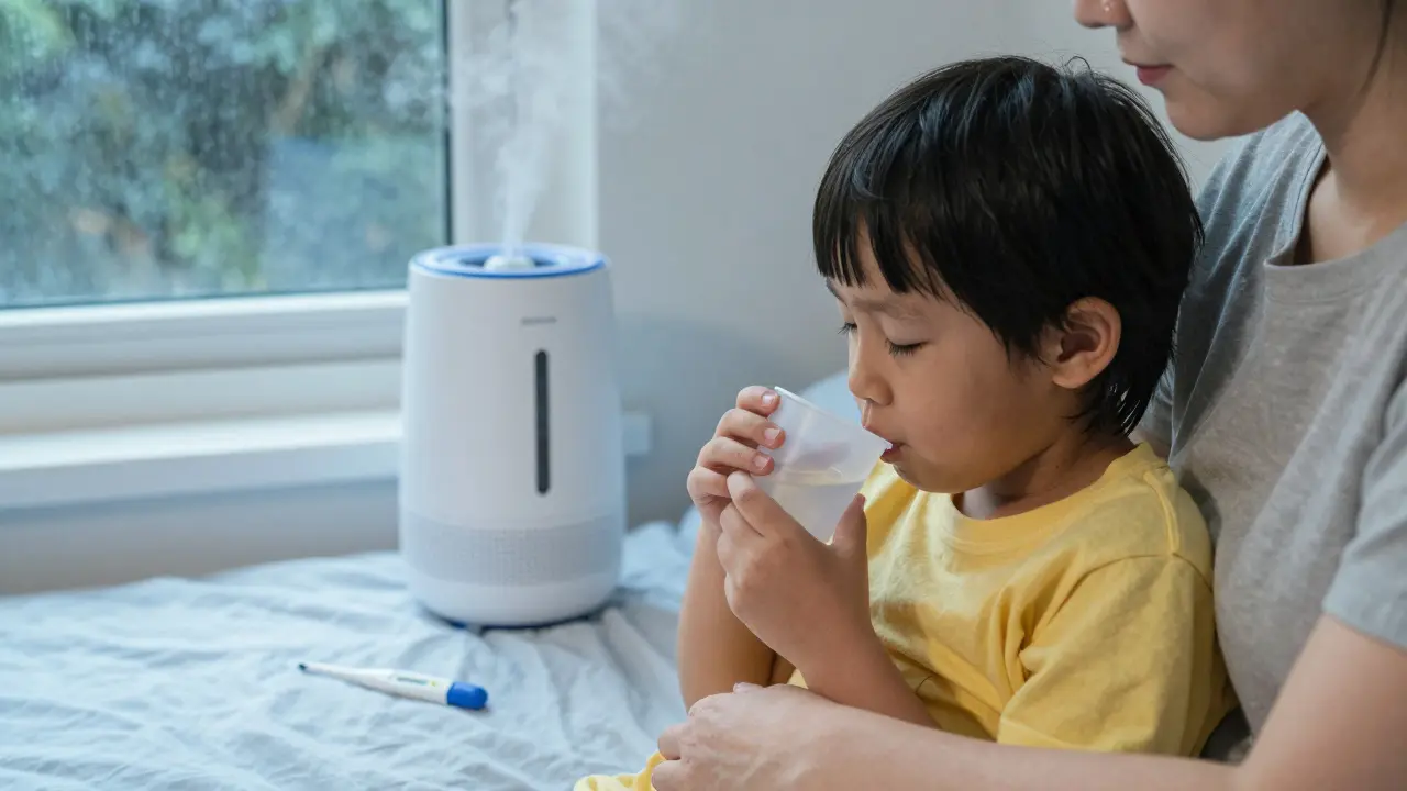 Matka podává dítěti elektrolytový roztok, zatímco za oknem prší a vlhčič pomáhá dýchání.