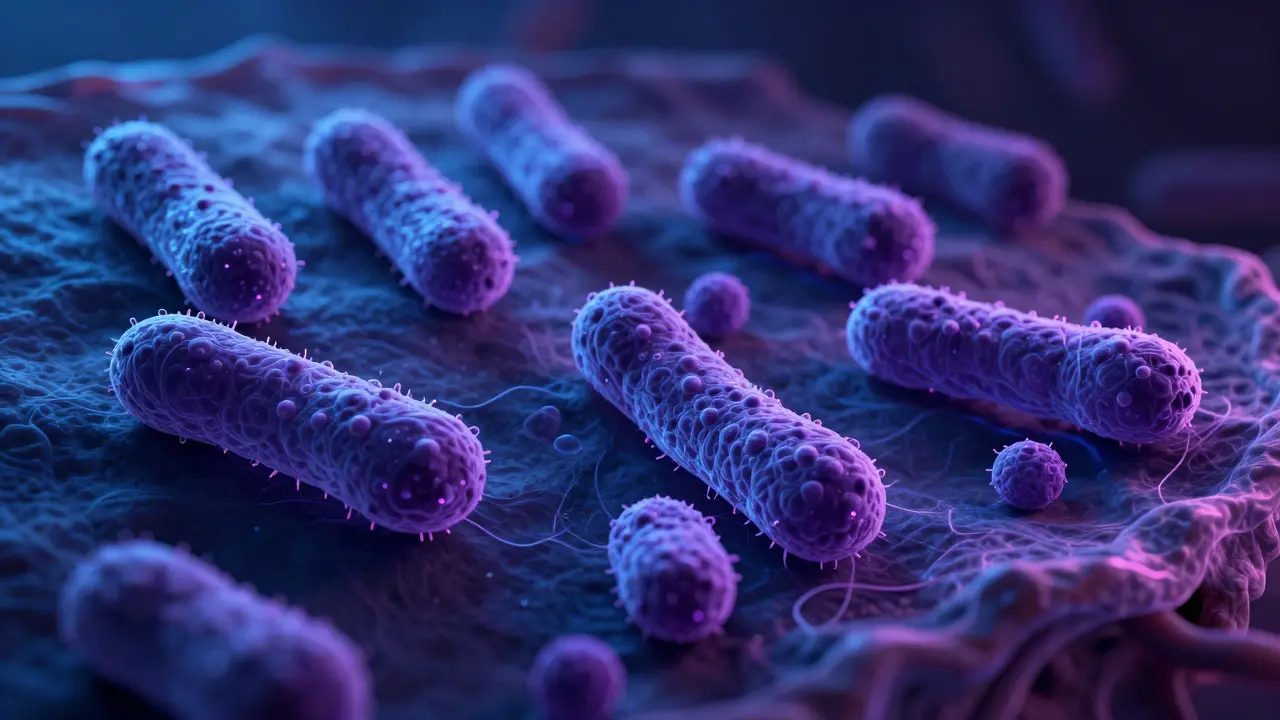 Mikroskopické zobrazení řetězců bakterií streptokoků