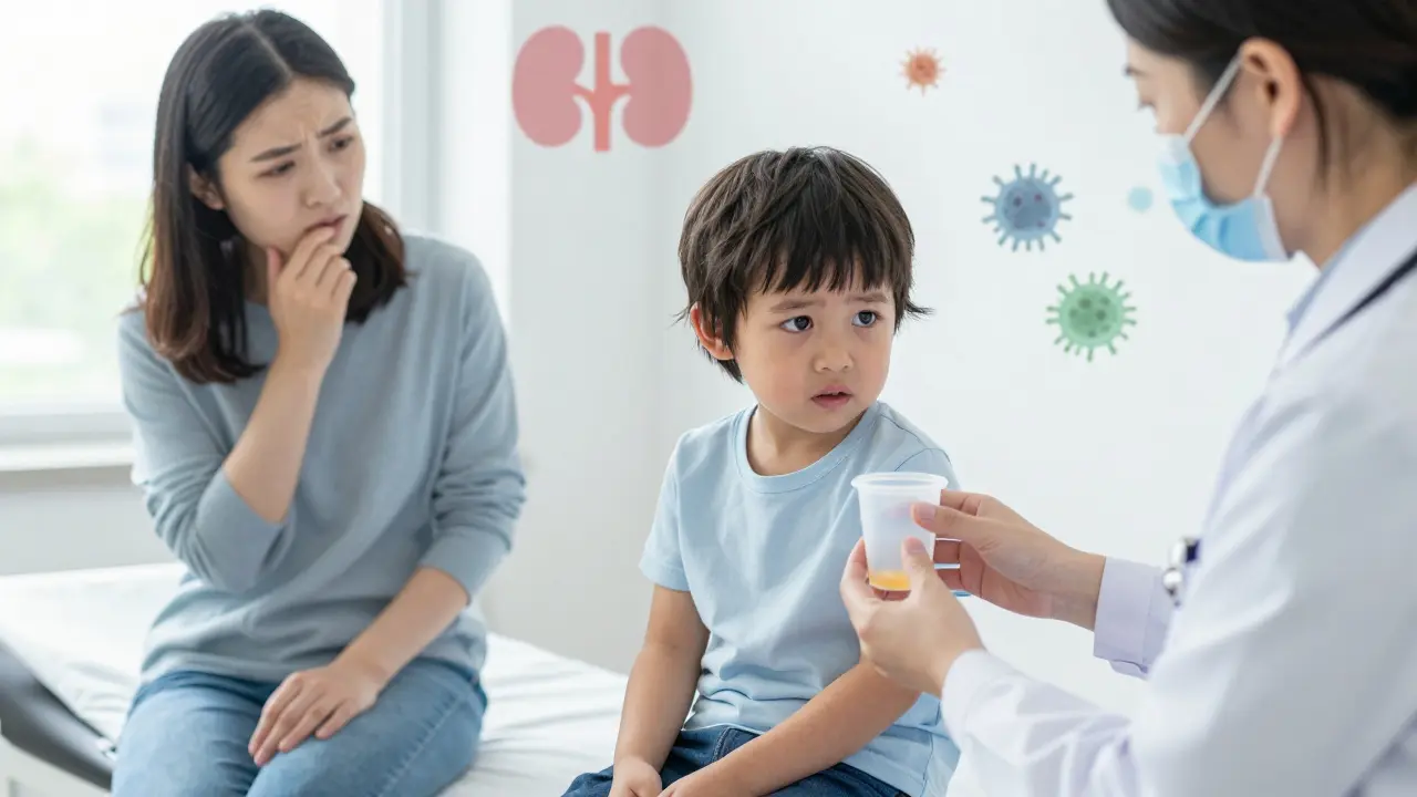 Pediatr kontroly moči u dítěte na vyšetřovacím stole, matka pozoruje s obavami, klinické prostředí.