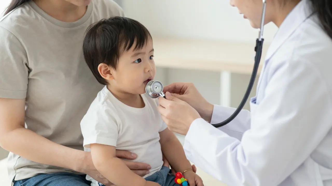 Pediatr poslouchá dítě stetoskopem během vyšetření.