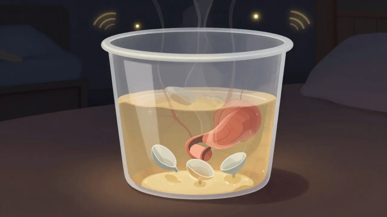 Průhledný močový měchýř s malým množstvím reziduální moče, znázorněný v nočním prostředí.