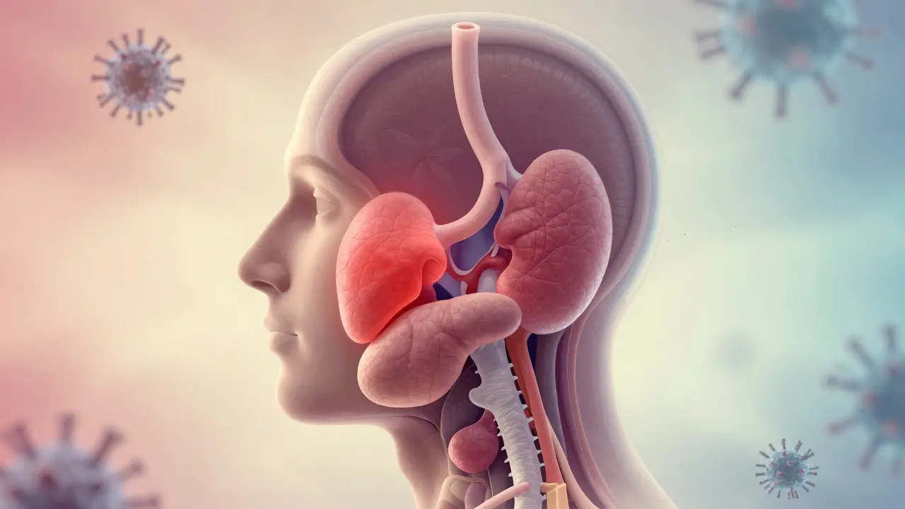 Průřez hlavy s viditelnými slinnými žlázami, parotidové žlázy zvýrazněny červeně.