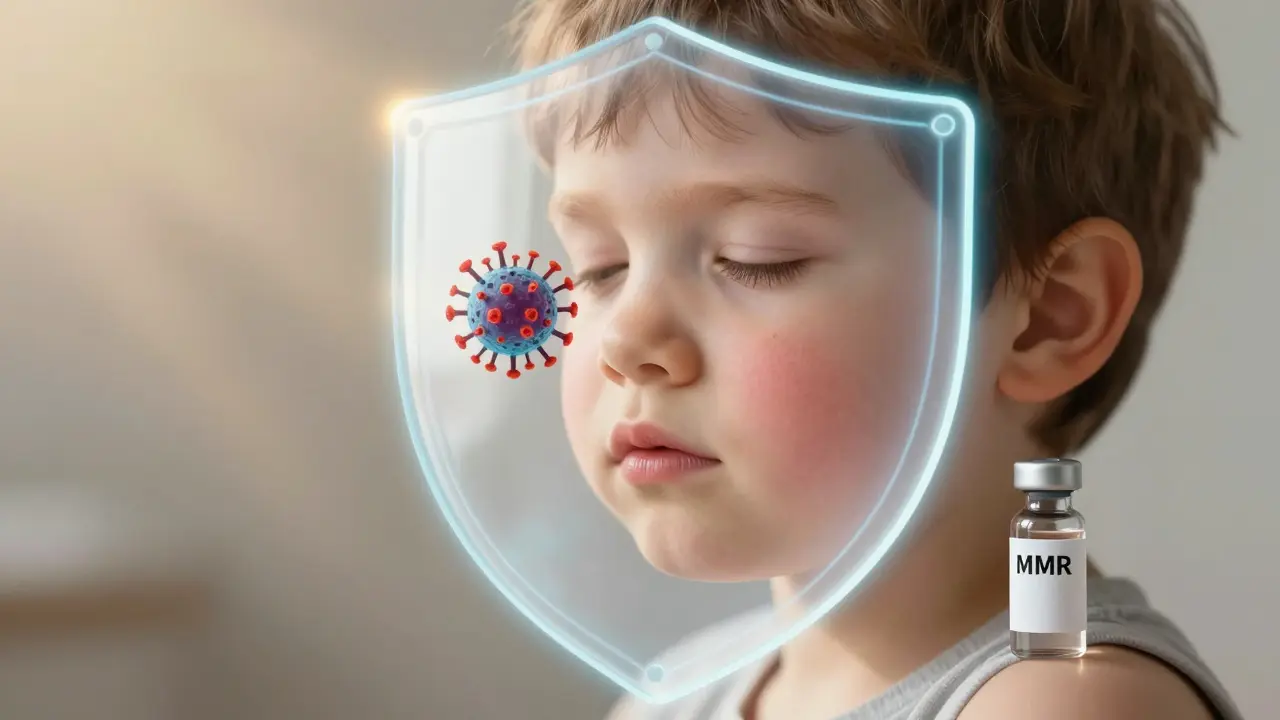 Půlka tváře s oteklinou, půlka zdravá – symbolizuje účinek očkování.