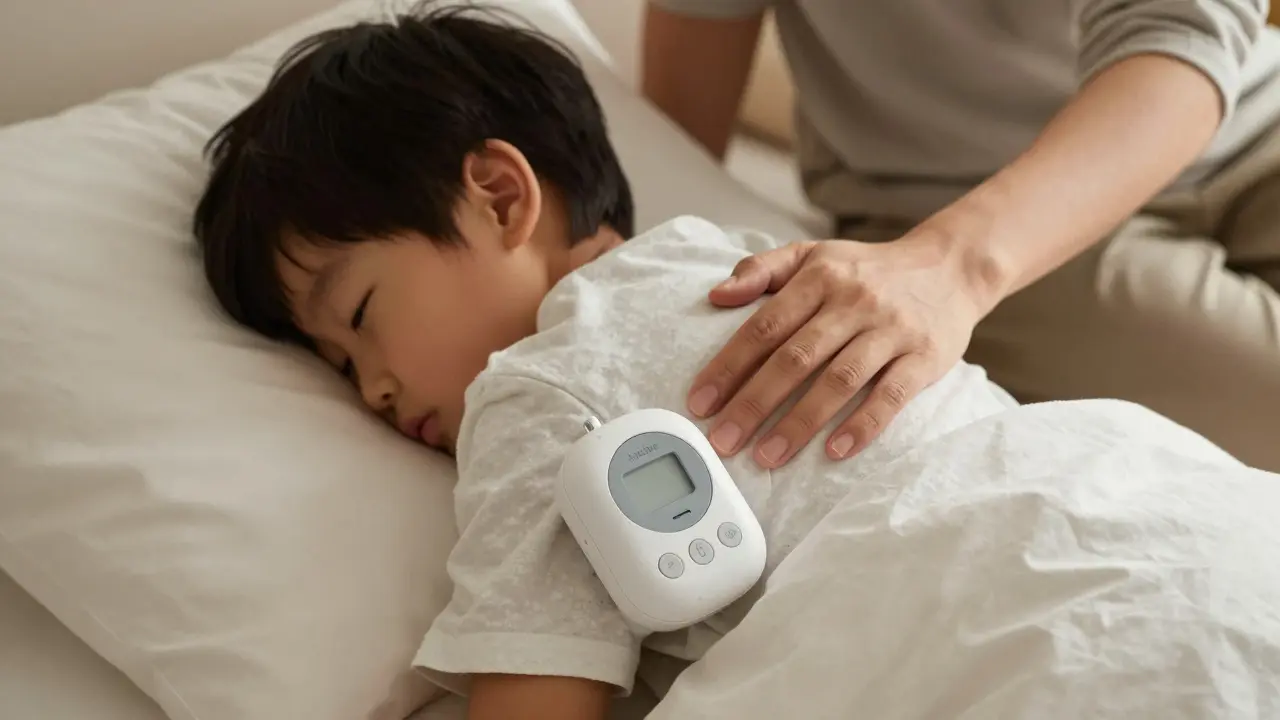 Rodič klidně podržuje dítě za rameno v ložnici, vedle postele je alarmový senzor.