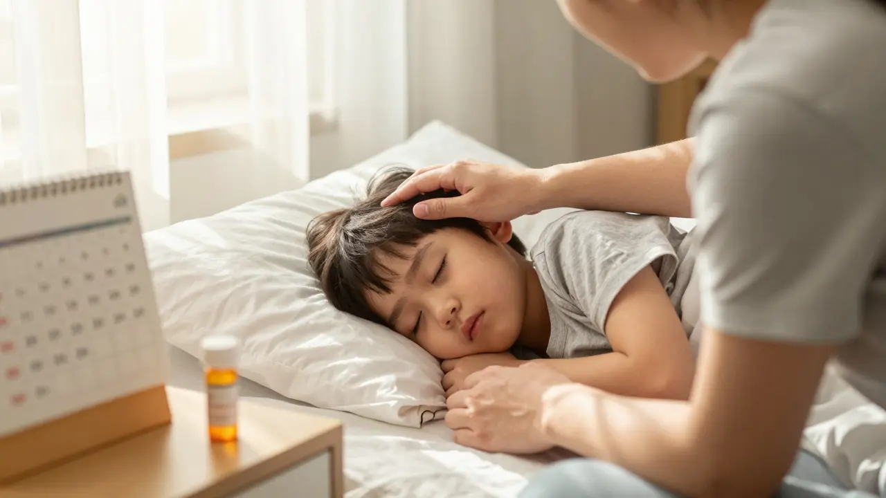 Rodič při kontrole teploty spícího dítěte, na nočním stolku viditelná léčba penicilinem.