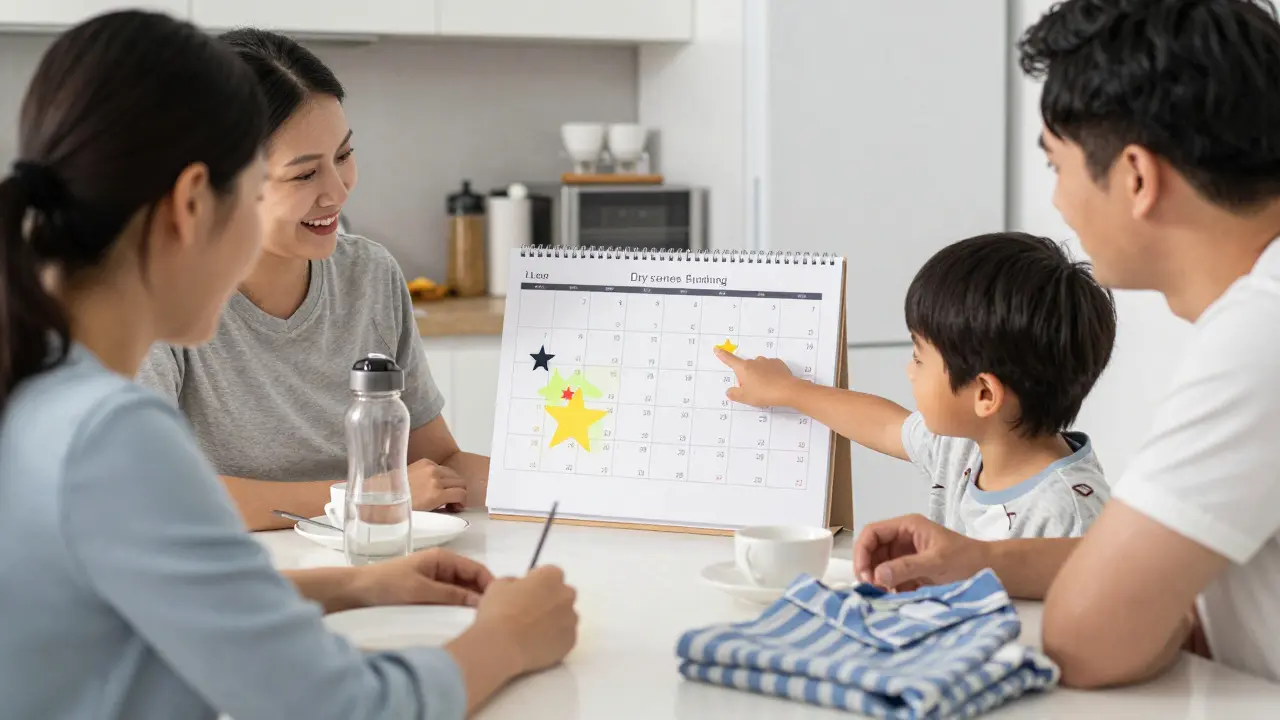 Rodina společně sleduje kalendář s hvězdičkami za sucho, dítě ukazuje na úspěchy.