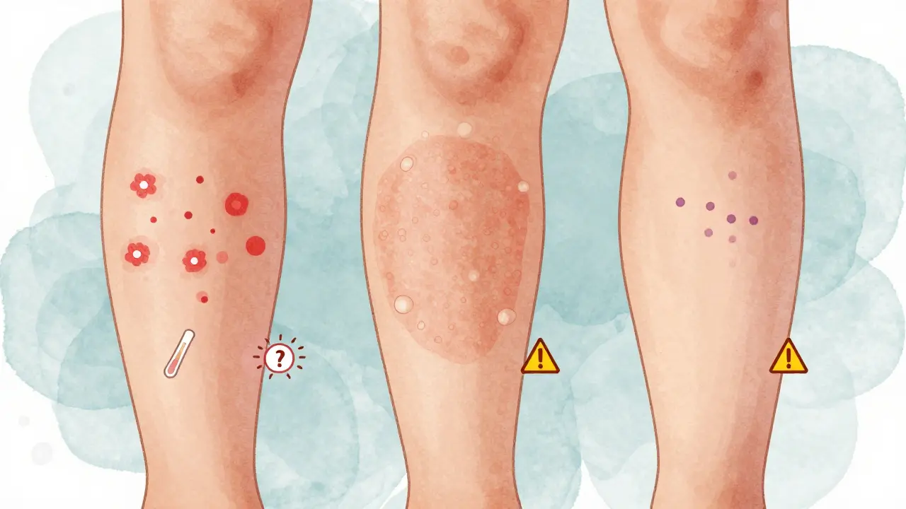 Tři různé typy kožních změn na noze dítěte: infekční vyrážka, alergie a krvácení pod kůží.