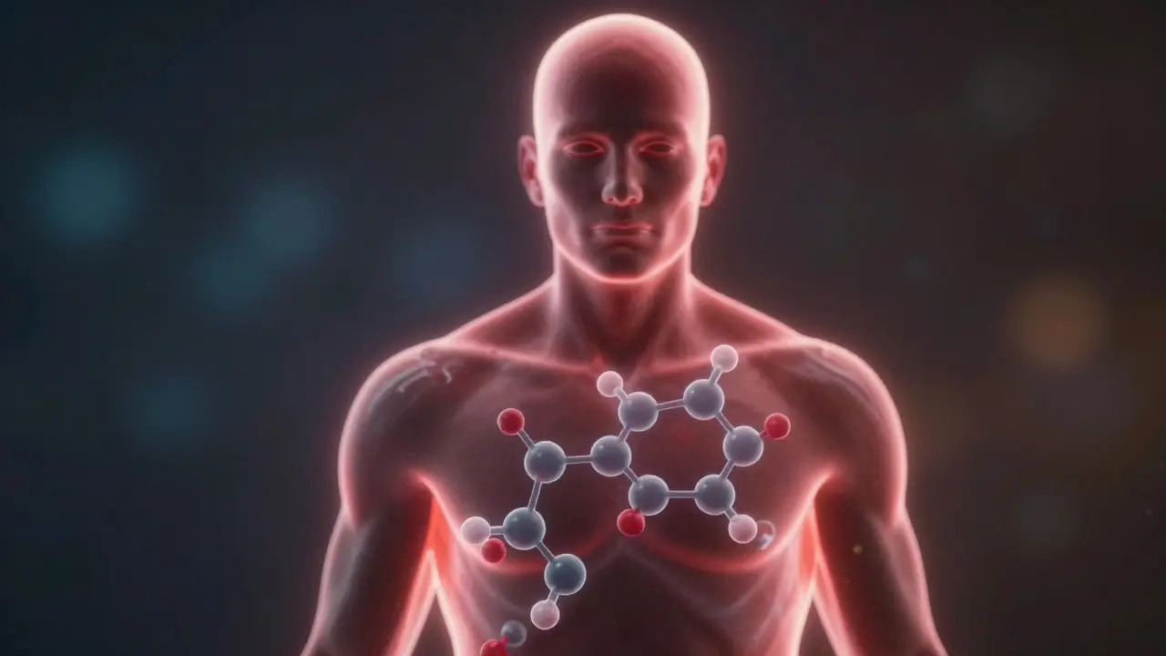 Vizualizace molekul ibuprofenů blokujících látky způsobující horečku v těle, s teplotním signálem na těle.