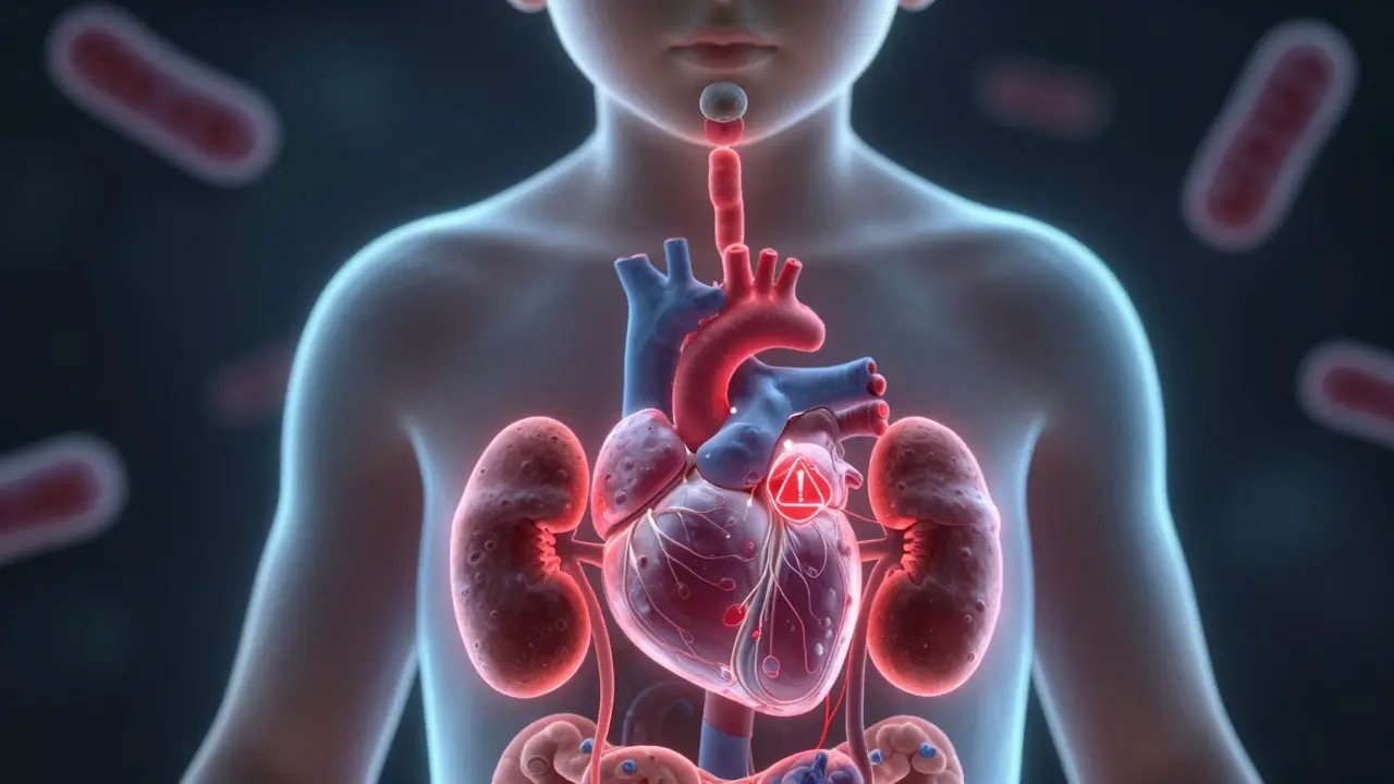 Vnitřní schematizace těla dítěte s bakteriemi šířícími se z hltanu k srdci a ledvinám.
