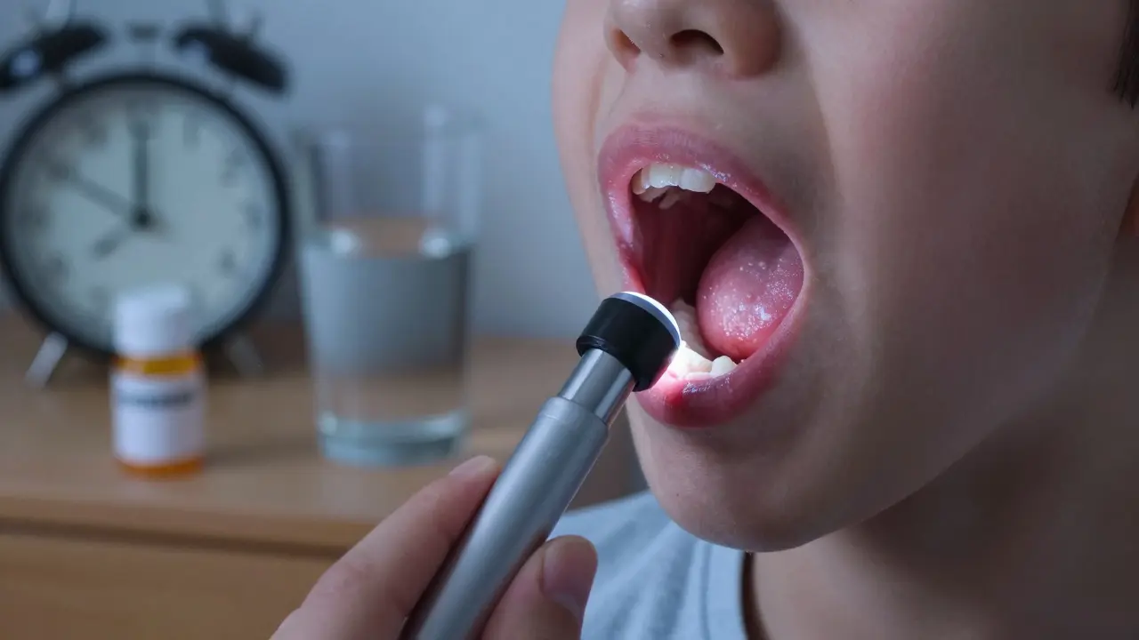 Zvětšený pohled na červené a s bílými skvrnami mandle, známý příznak bakteriální angíny.