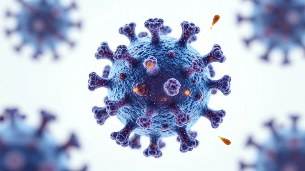 3D ilustrace enteroviru znázornující biologickou strukturu viru.