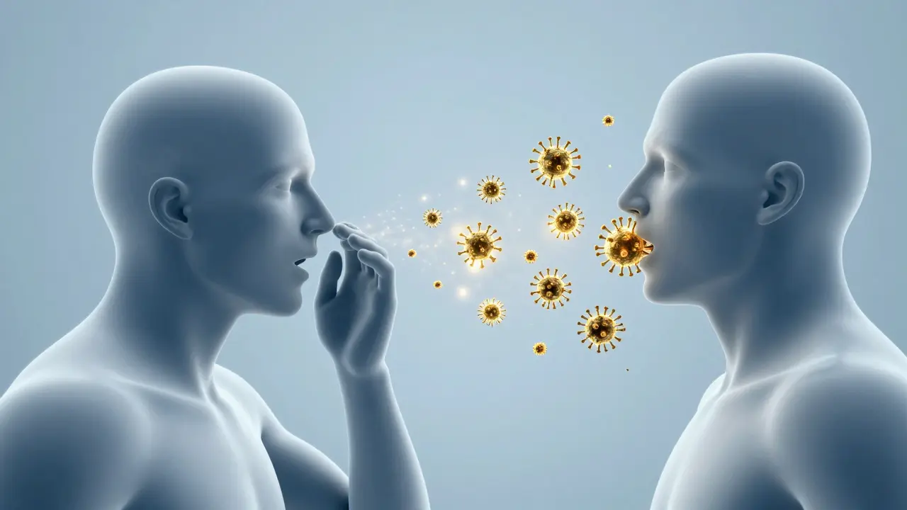 3D ilustrace přenosu viru příušnic kapičkovou cestou vzduchem.