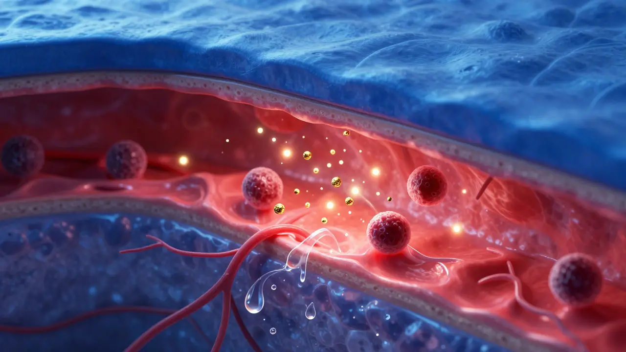 3D ilustrace uvolňování histaminu v kůži způsobující otok a zarudnění.