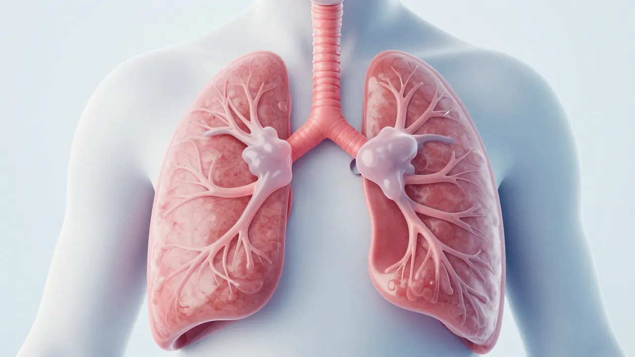 3D ilustrace zánětu průdušek u dítěte s nahromaděným hlenem.