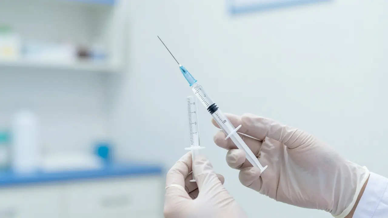 Detail sterilní vakcíny v lékařském prostředí jako prevence tetanu.