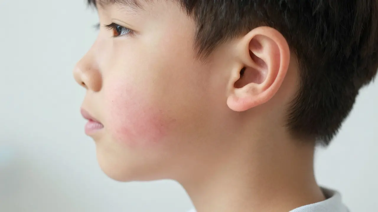 Detailní pohled z profilu na typický otok slinných žláz u dítěte při příušnicích.