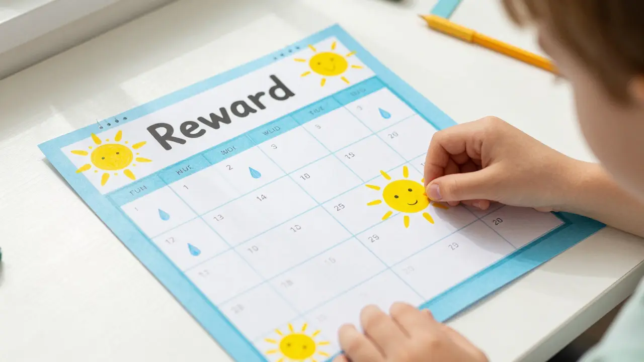 Dětská ruka lepí sluníčko na motivační kalendář za suchou noc.