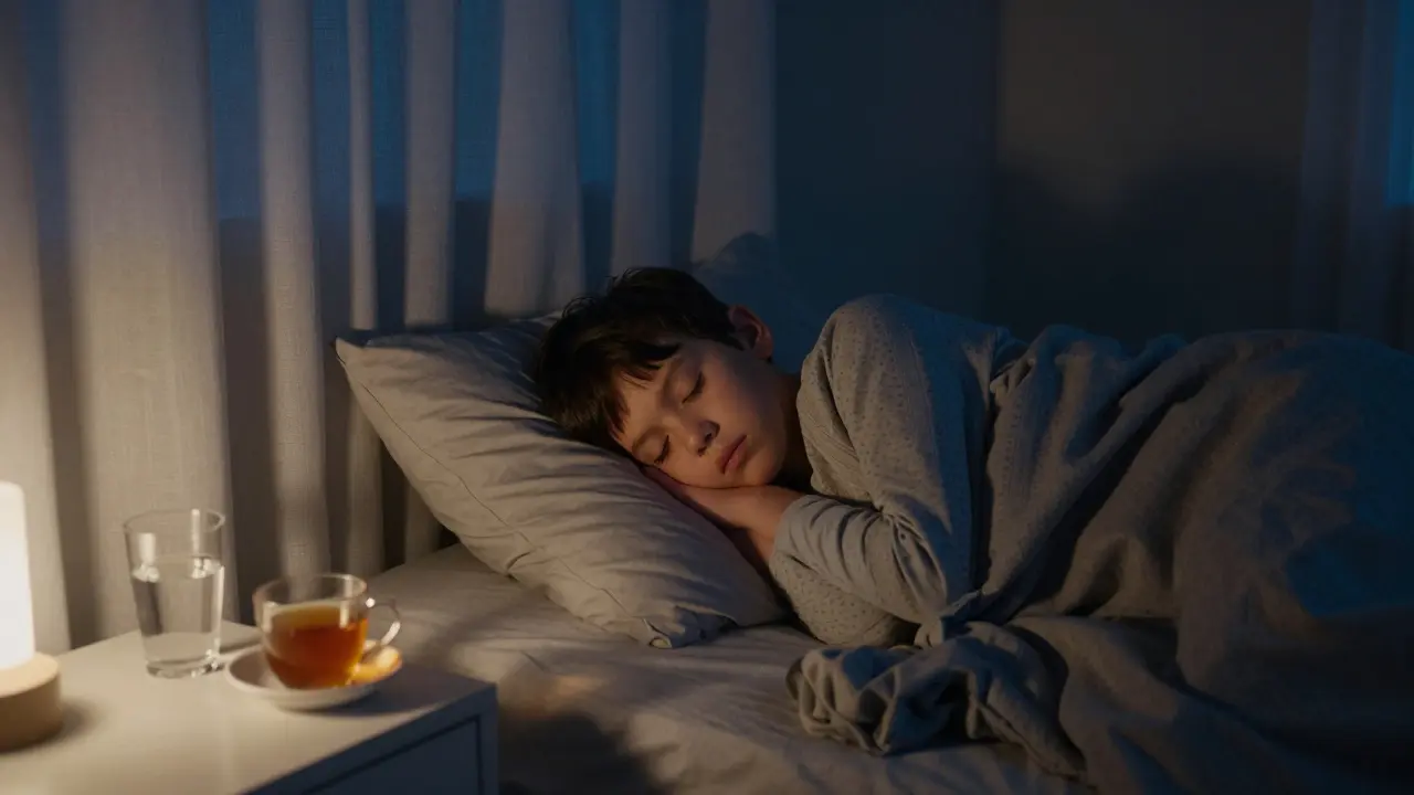 Dítě odpočívající v ztmavněné místnosti s vodou a čajem u postele.