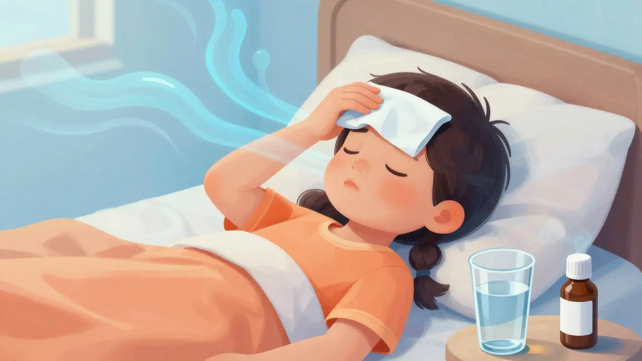 Dítě s chladnou kompresí na čele v posteli při léčbě horečky.