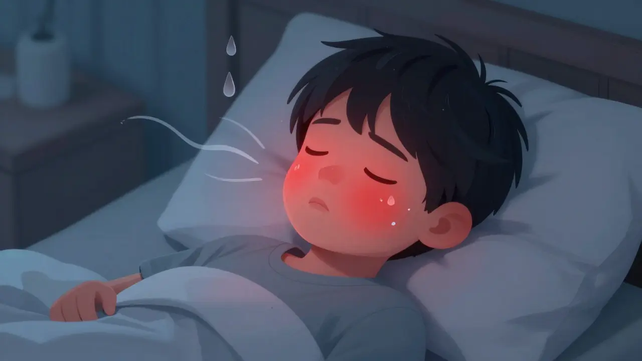 Dítě s horečkou v posteli s červenými tvářemi a výrazem únavy.