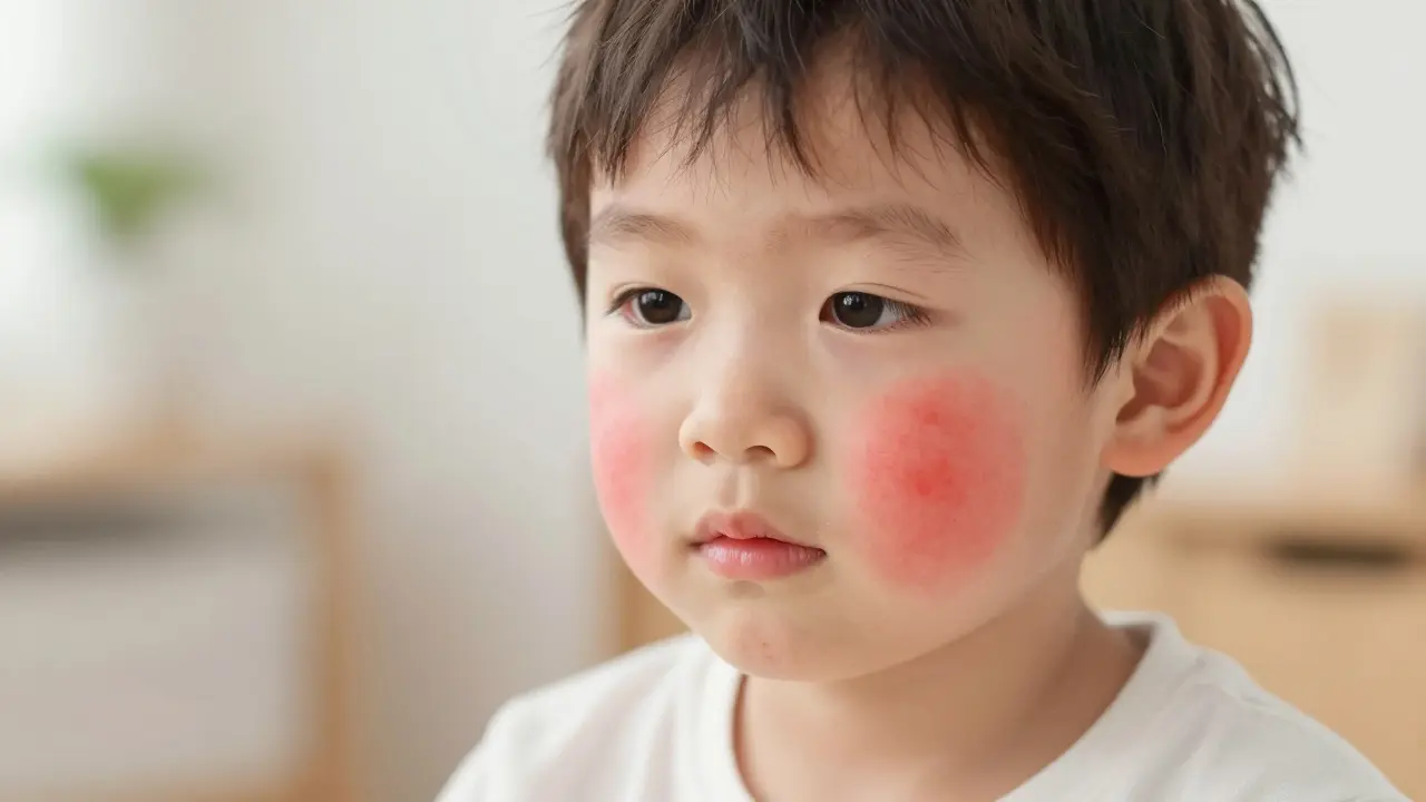 Dítě s typickými červenými plámami na tvářích u infekčního erytému.