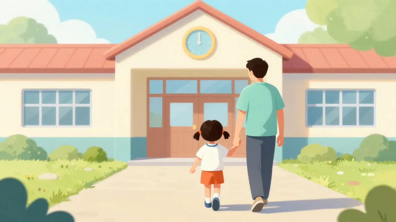 Dítě v doprovodu rodiče kráčí k budově mateřské školy.