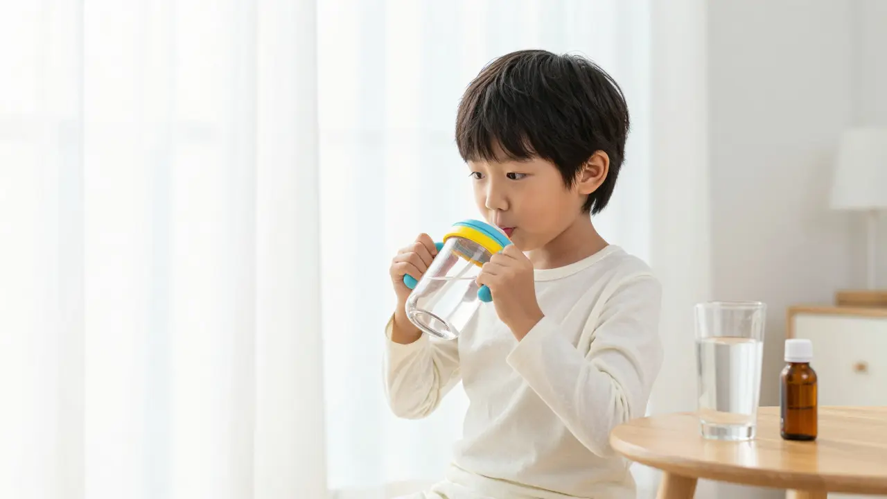 Dítě v lehčím oblečení pije vodu v dobře provětraném, světlém pokoji.