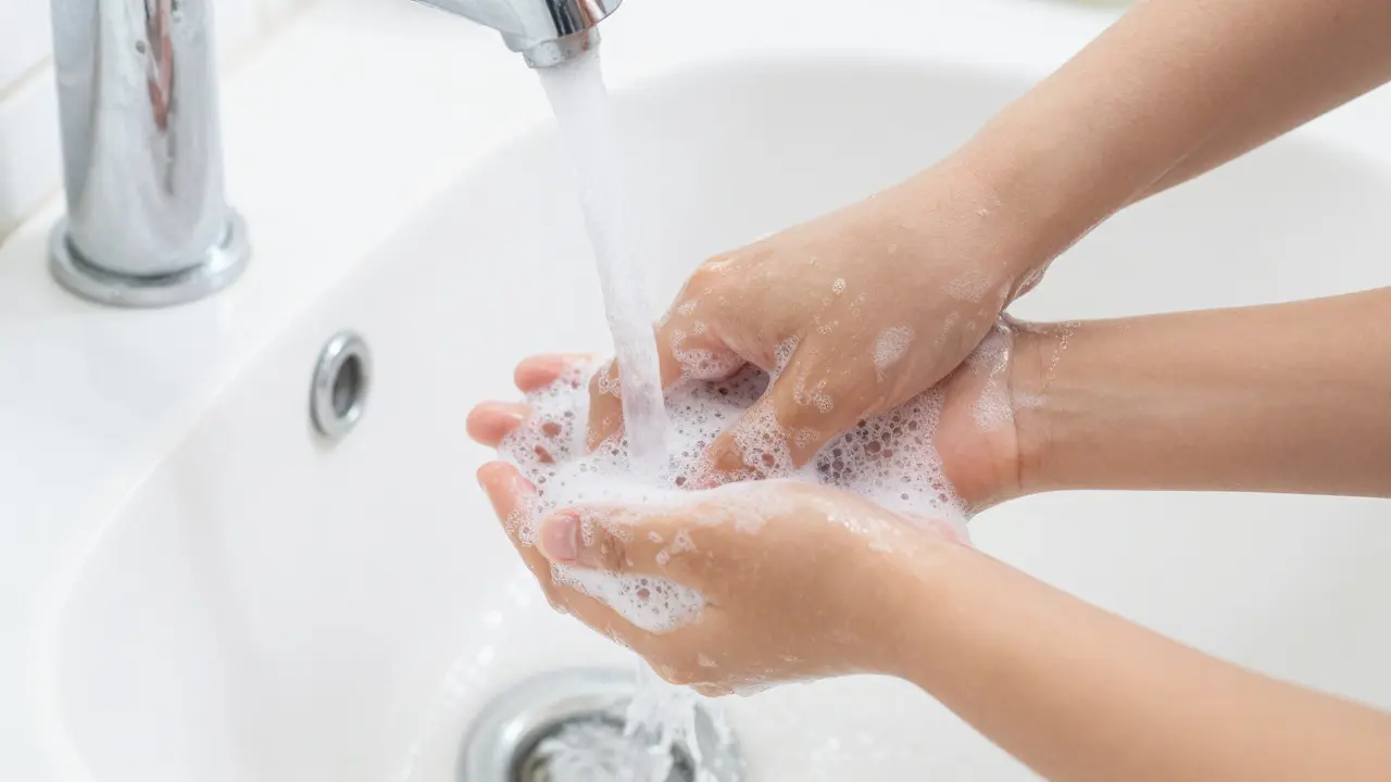 Dospělý a dítě společně myjí ruce mýdlem pod proudem vody.