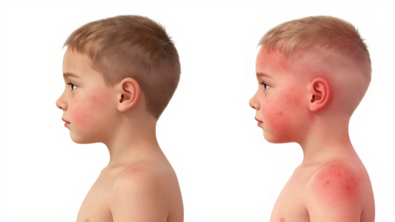 Ilustrace šíření červených zarděnek od hlavy dolů po těle dítěte.