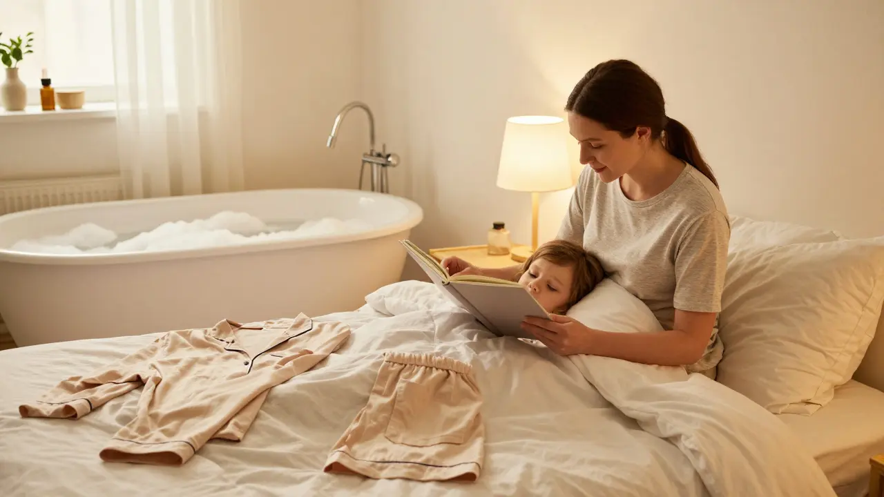 Klidný večerní rituál s dítětem v útulné ložnici s teplým osvětlením.