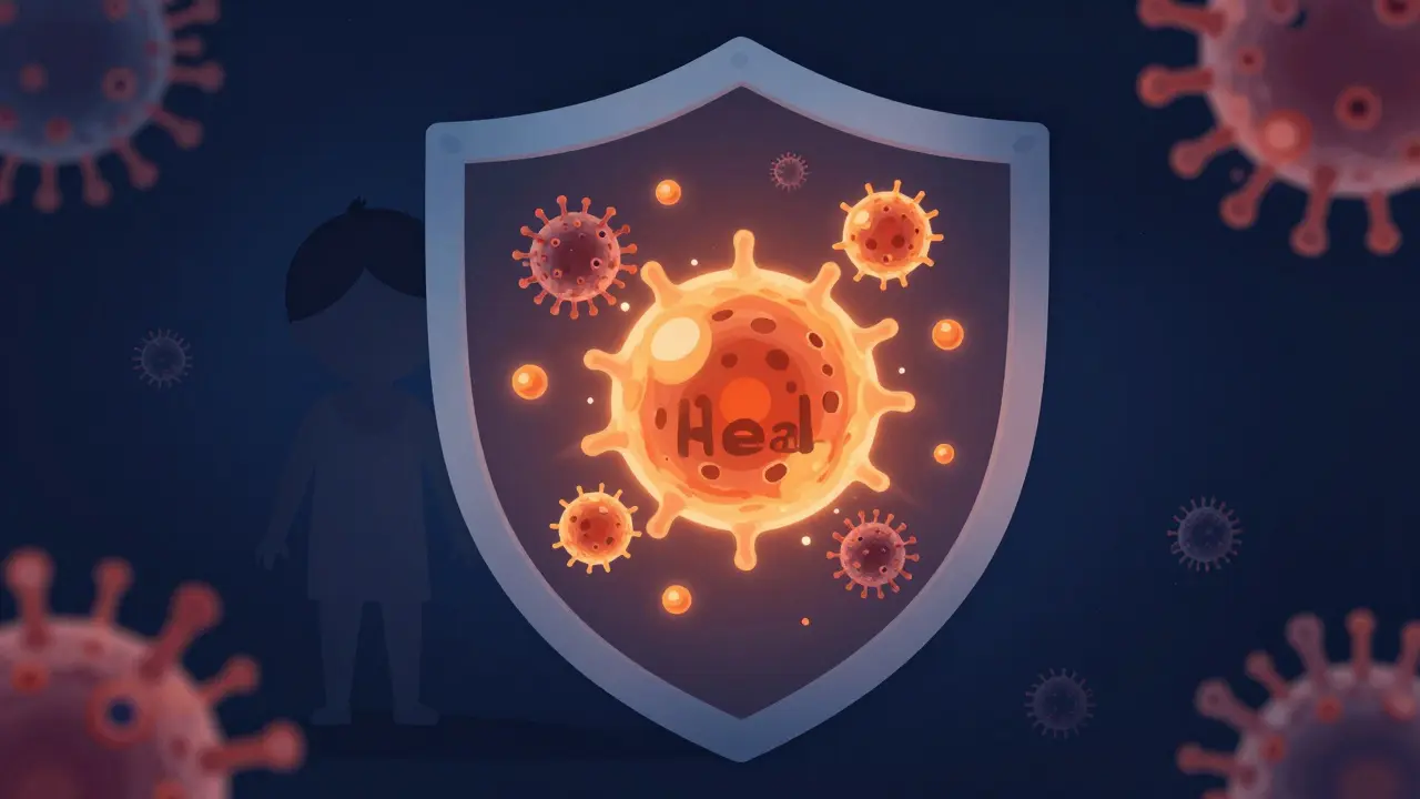 Koncepční ilustrace imunitního systému dítěte bojujícího proti virům pomocí tepla.