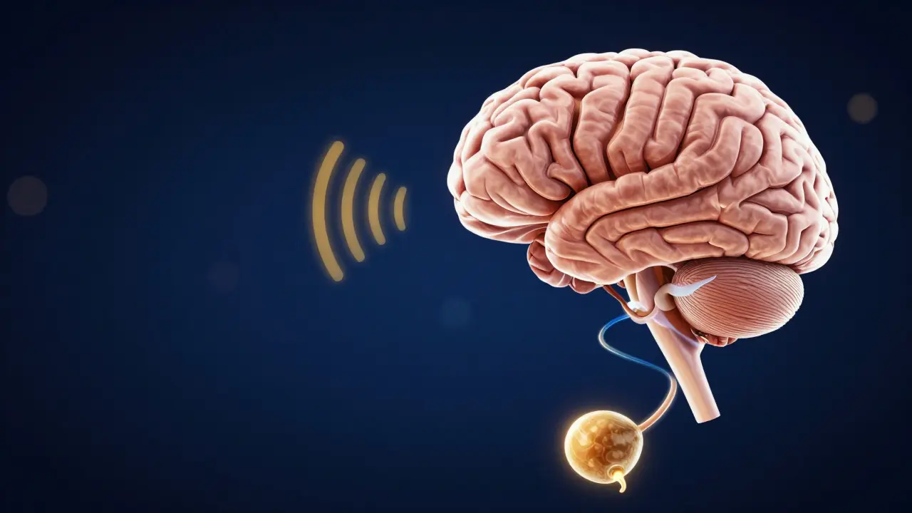 Koncepitní znázornění nervového signálu mezi močovým měchýřem a mozkem během spánku.