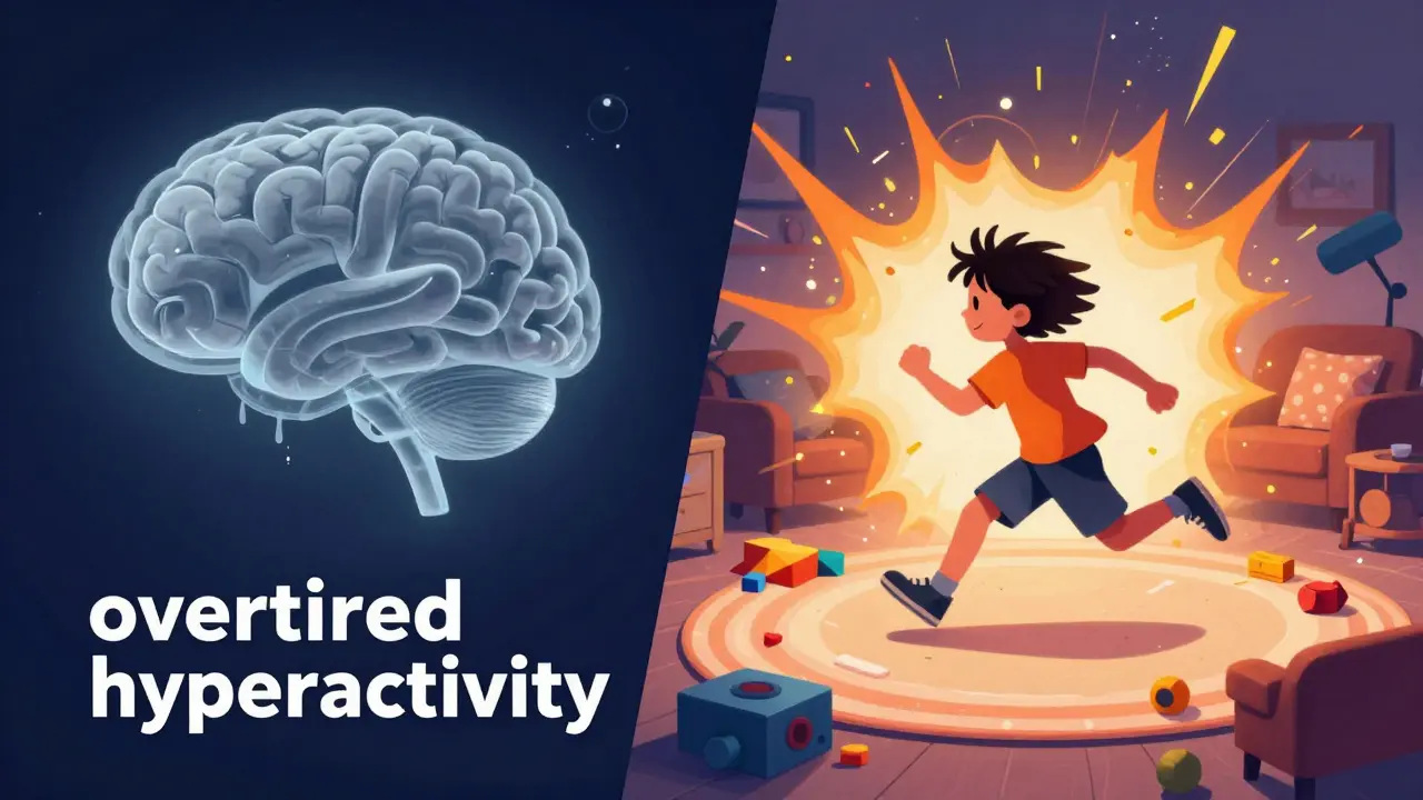 Konceptuální obraz hyperaktivního dítěte vyčerpaného nedostatkem spánku.
