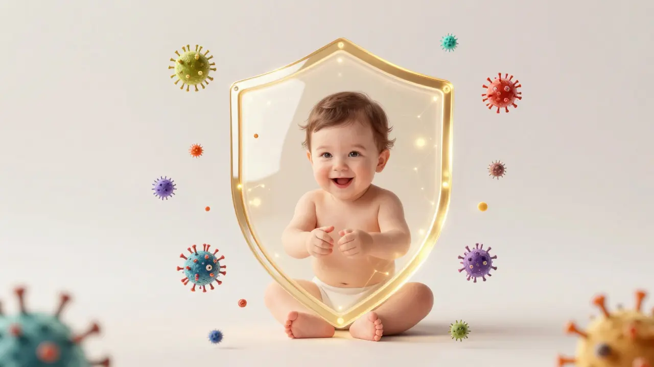 Konceptuální znázornění imunitního štítu chránícího malé dítě před viry.