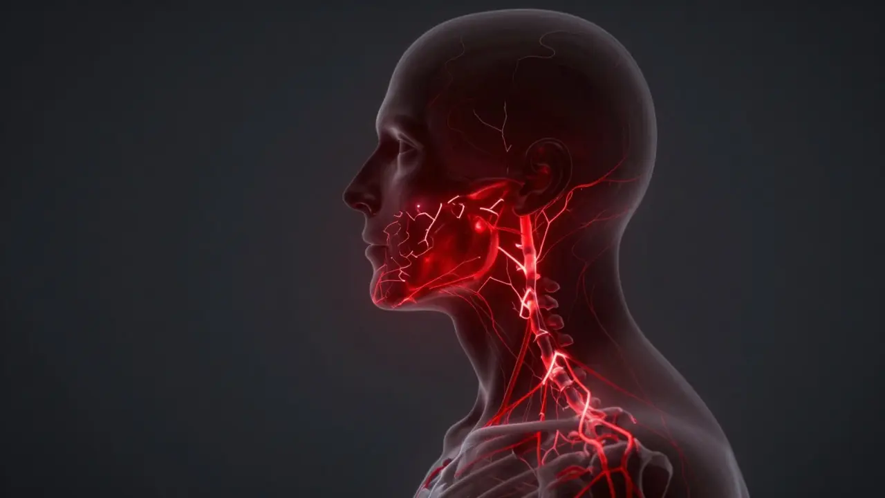 Konceptuální znázornení křeče čelistí a šíření toxinů v těle.