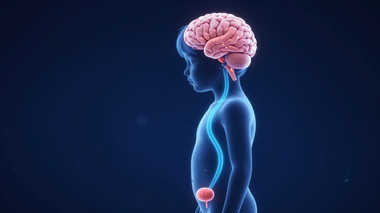 Konceptuální znázornění signálu z močového měcháře do mozku dítěte.