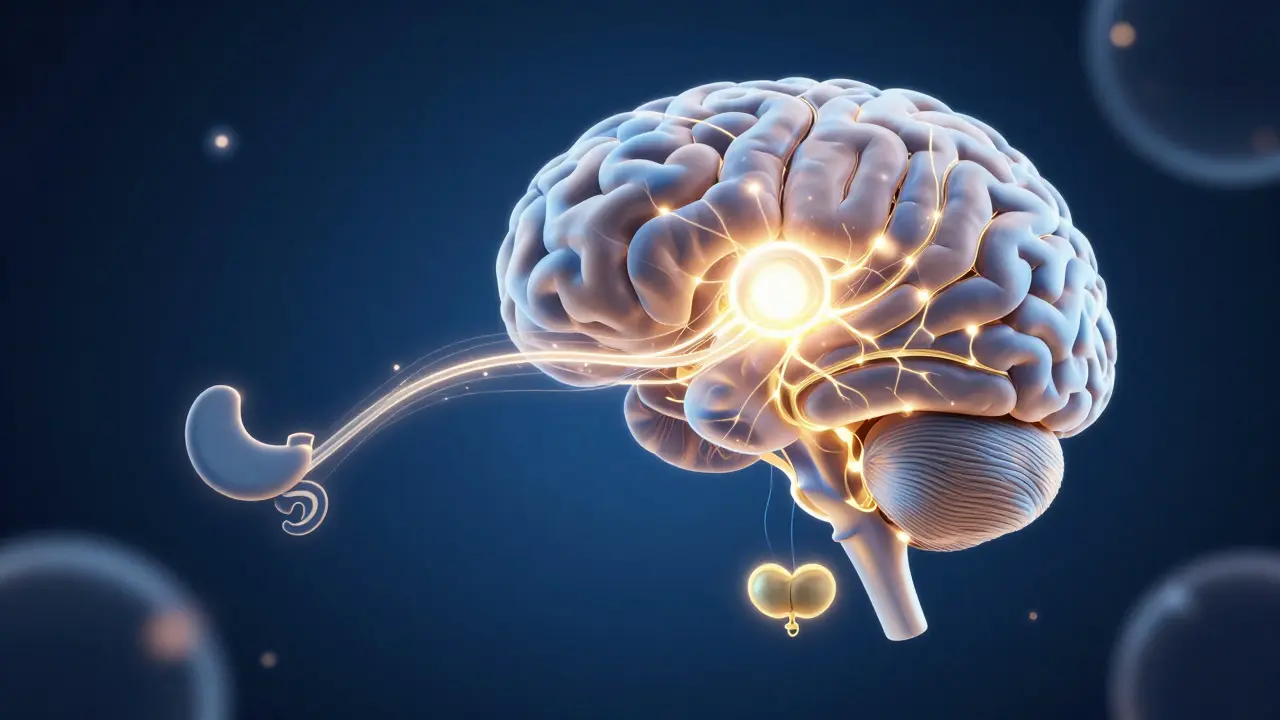 Konceptuální znázornění signálu z močového měchýře do mozku dítěte.