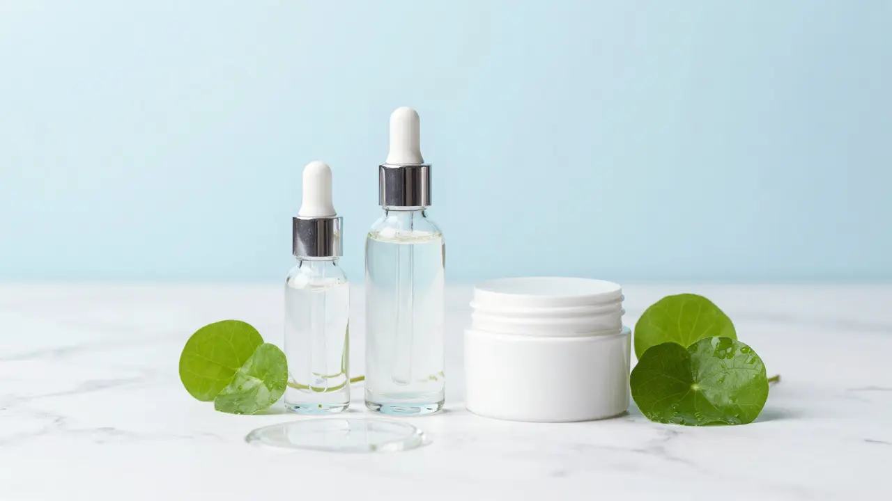 Minimalistická kosmetika a listy Centella asiatica pro zklidnění pleti.