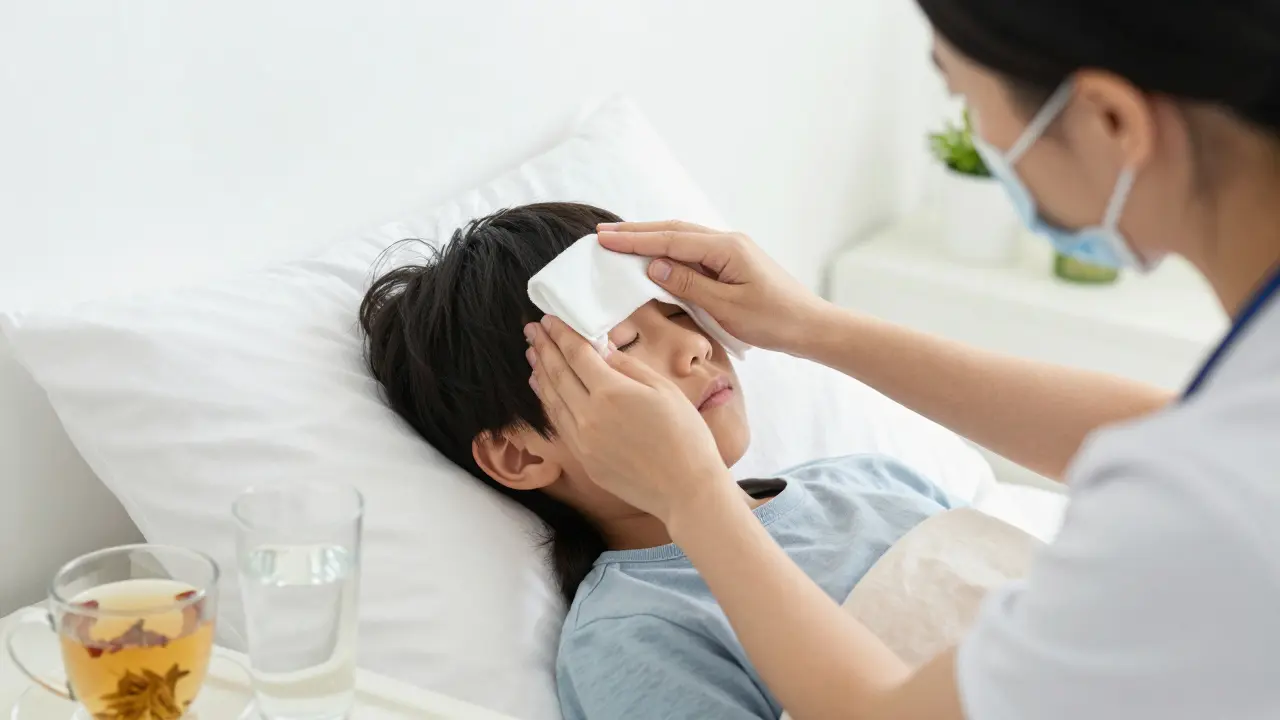 Parent aplikující vlažný obklad na čelo dítěte s vodou a čajem vedle.