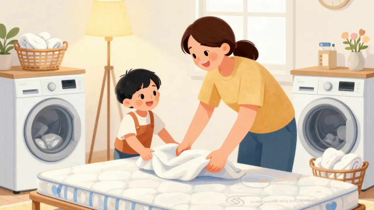 Rodič a dítě společně a s úsměvem mění povlečení v posteli.