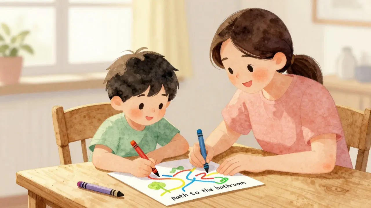 Rodič a dítě společně kreslí barevný plán cesty na záchod v útulné atmosféře.