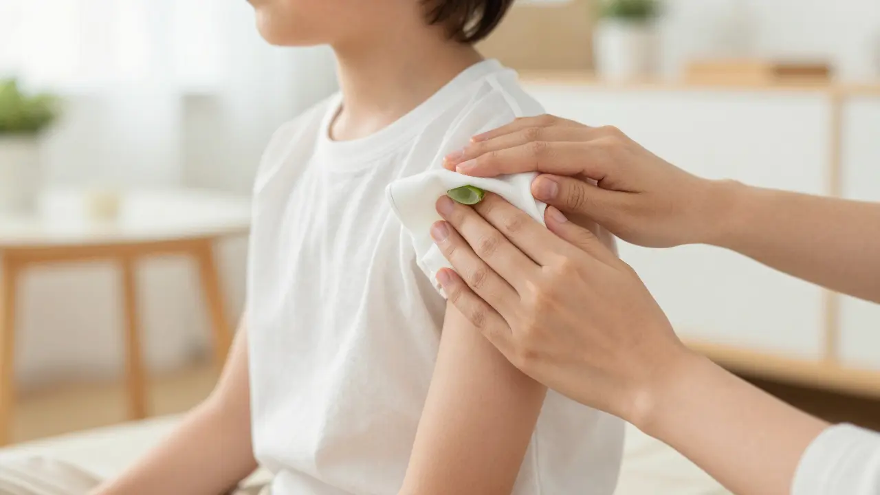 Rodič aplikuje chladivý obklad na kůži dítěte pro úlevu od svědění
