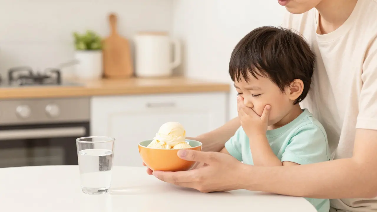 Rodič podává dítěti zmrzlinu a studenou vodu pro zmírnění bolesti.
