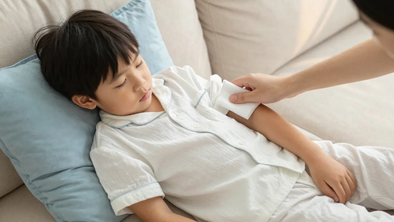 Rodič přikládá dítěti zklidňující chladný obklad na paži.